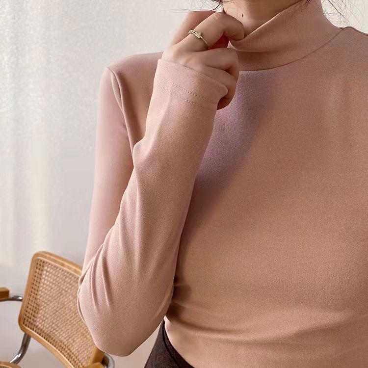 Damski aksamitny top termiczny z półgolfem - dwustronnie szczotkowany kationowy, półgolf, z pluszem na jesień/zimę