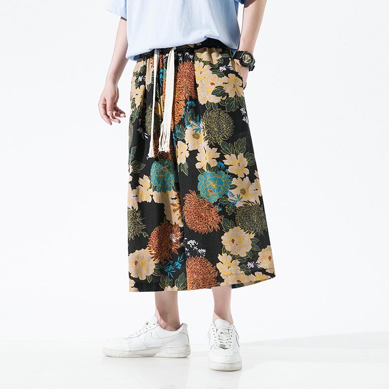 2022 Men's Summer Chinese Print Cotton Linen Capri Pants, Plus Size, Casual Wide Leg Style