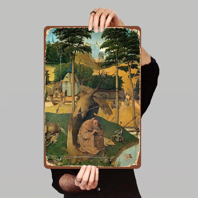 

Vintage Religious Oil Painting The Temptation of St Anthony Iron Wall Art Home Decor Metal Mural 7.9x11.8In(20x30cm)