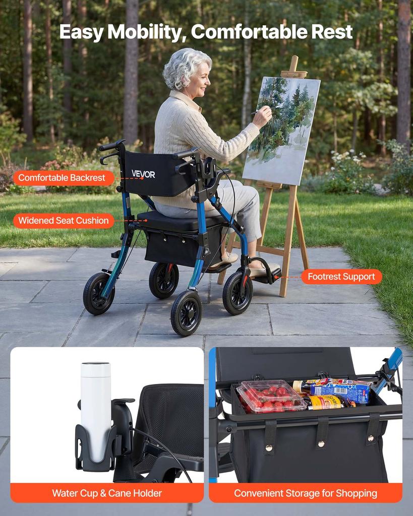 VEVOR 2-in-1 Rollator Walker & Transport Chair for Seniors, Foldable Rolling Walker Wheelchair