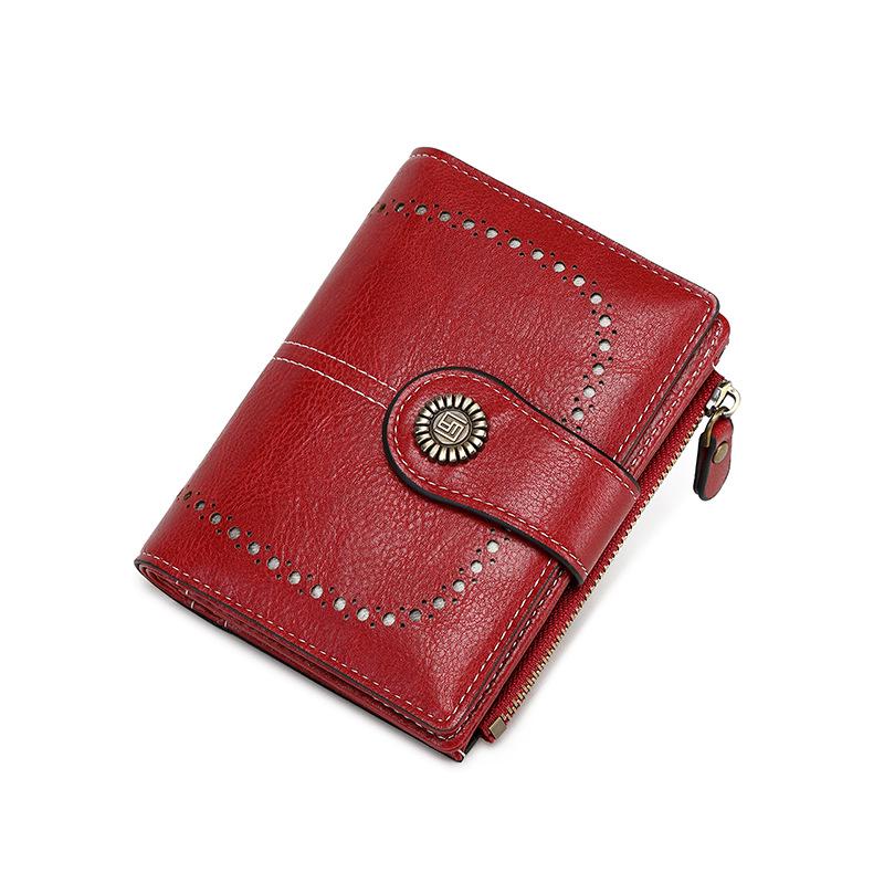 2023 RFID Women's Oil Wax Leather Wallet: Short Card Holder with Coin Purse and Fashion Buckle Zipper.