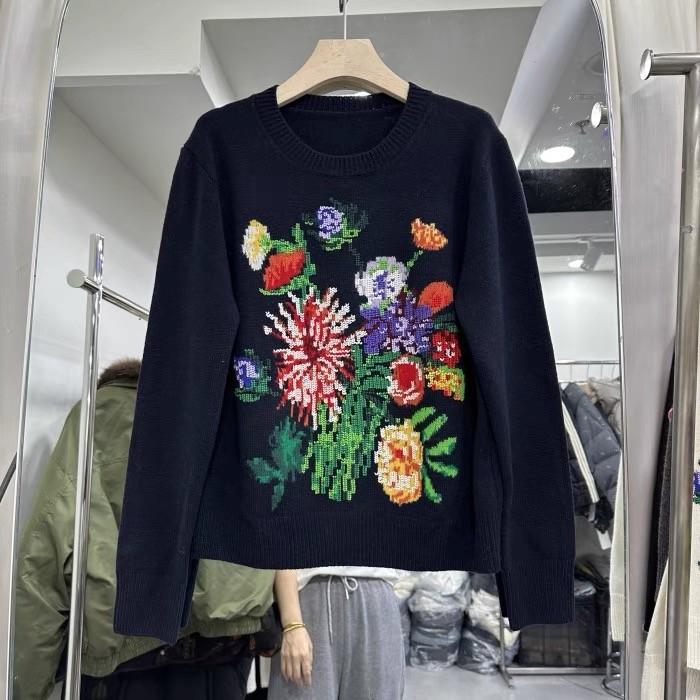 

Жаккардовые женские свитера с цветочной вышивкой, весна 2025, стильные, элегантные, свободные, трикотажные, с длинным рукавом, с круглым вырезом, женские джемперы