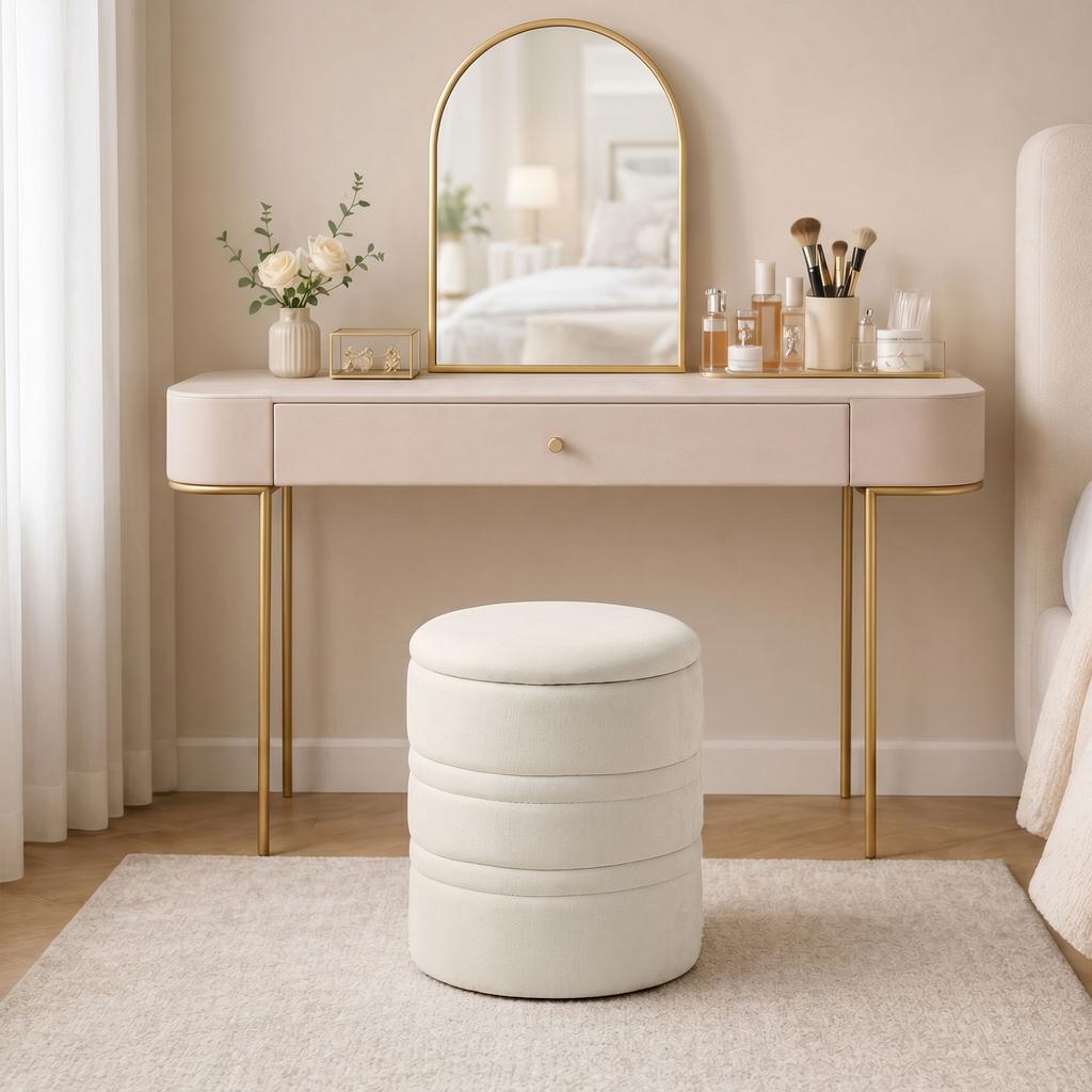 Chenille Storage Ottoman with Lid, Round Stool, Beige