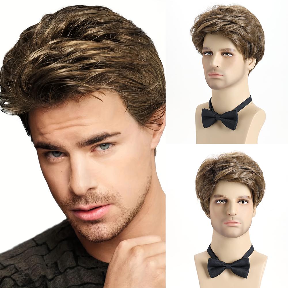 Kort Nat Krullend Haar Voor Mannen Jonge Mannen Hittebestendig Vezel Synthetische Pruiken 10inches&1pc beige