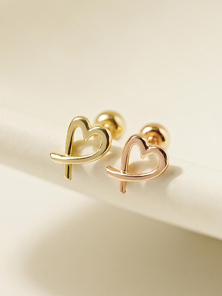 Minimal Piercing 14K Line Heart Shape Piercing Earrings