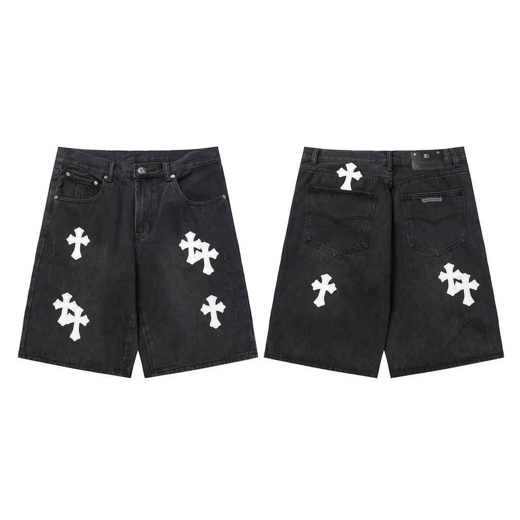 CHROME HEARTS Herren Schwarze Denim Shorts mit Weißen Kreuz-Aufnähern Baggy Streetwear Jorts