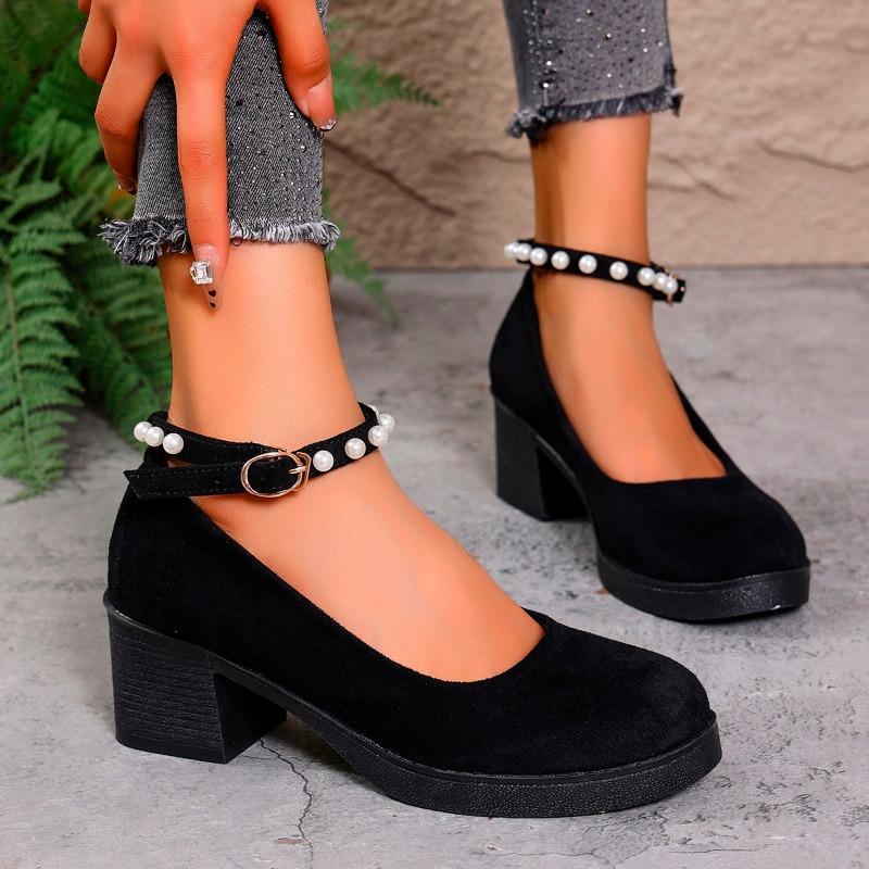 Fashion 2025 Plus Size Women's Mary Jane High Heels Round Toe String Bead Buckle Strap Chunky Heel Pumps for Retro Office & Career Shoes