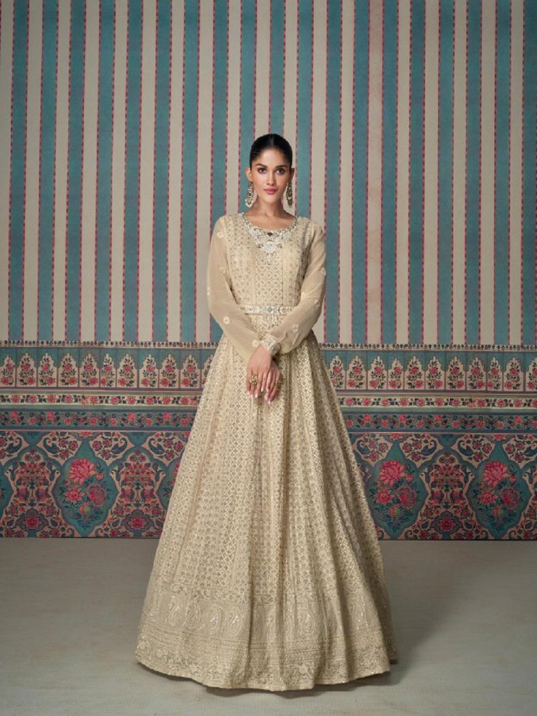 Elegant Beige Embroidered Anarkali Gown for Women | Designer Ethnic Wedding Party Wear Dress L кремовый