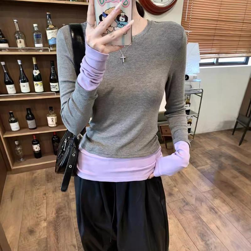 

Весенняя контрастная цветная круглая горловина, поддельная двухкомпонентная футболка с длинными рукавами для женщин, новый дизайн, тонкая базовая рубашка, топ 2XL