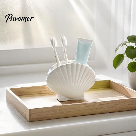 Moisture Proof Bathroom Container Shell Shape Toothbrush Holder for Countertop, 2 Compartments Waterproof Multi Compartment Storage Desktop Organizer,