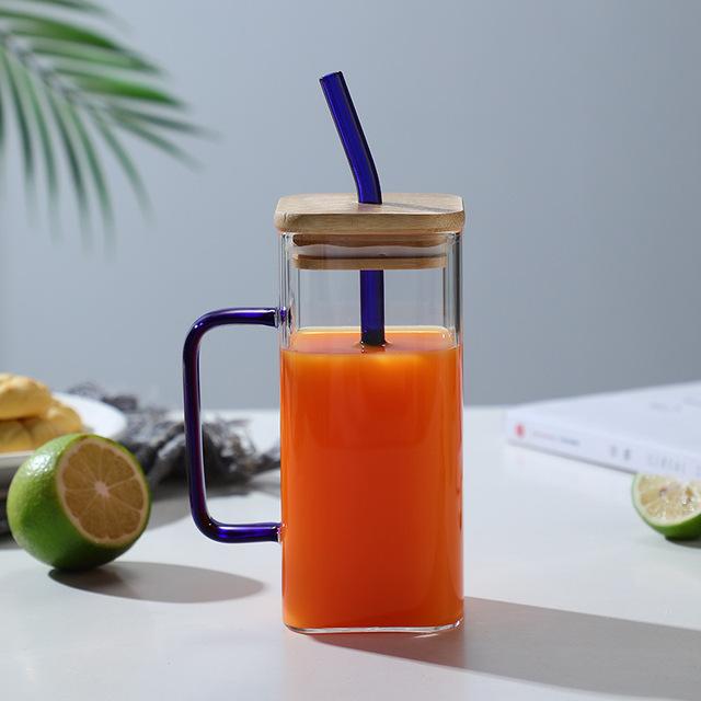 400 ml Fyrkantig Glasmugg Med Lock och Sugrör Frukost Mjölkkopp Mikrovågssäker Transparent Party Öl Kaffe Mugg Dryckesvaror Glas