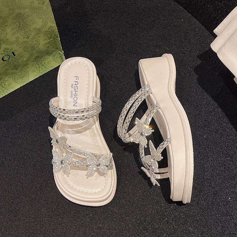 2025 Summer New High-end Slippers Wear Rhinestones Fashion Fairy Style with Skirt Muffin Thick-bottomed Sandals