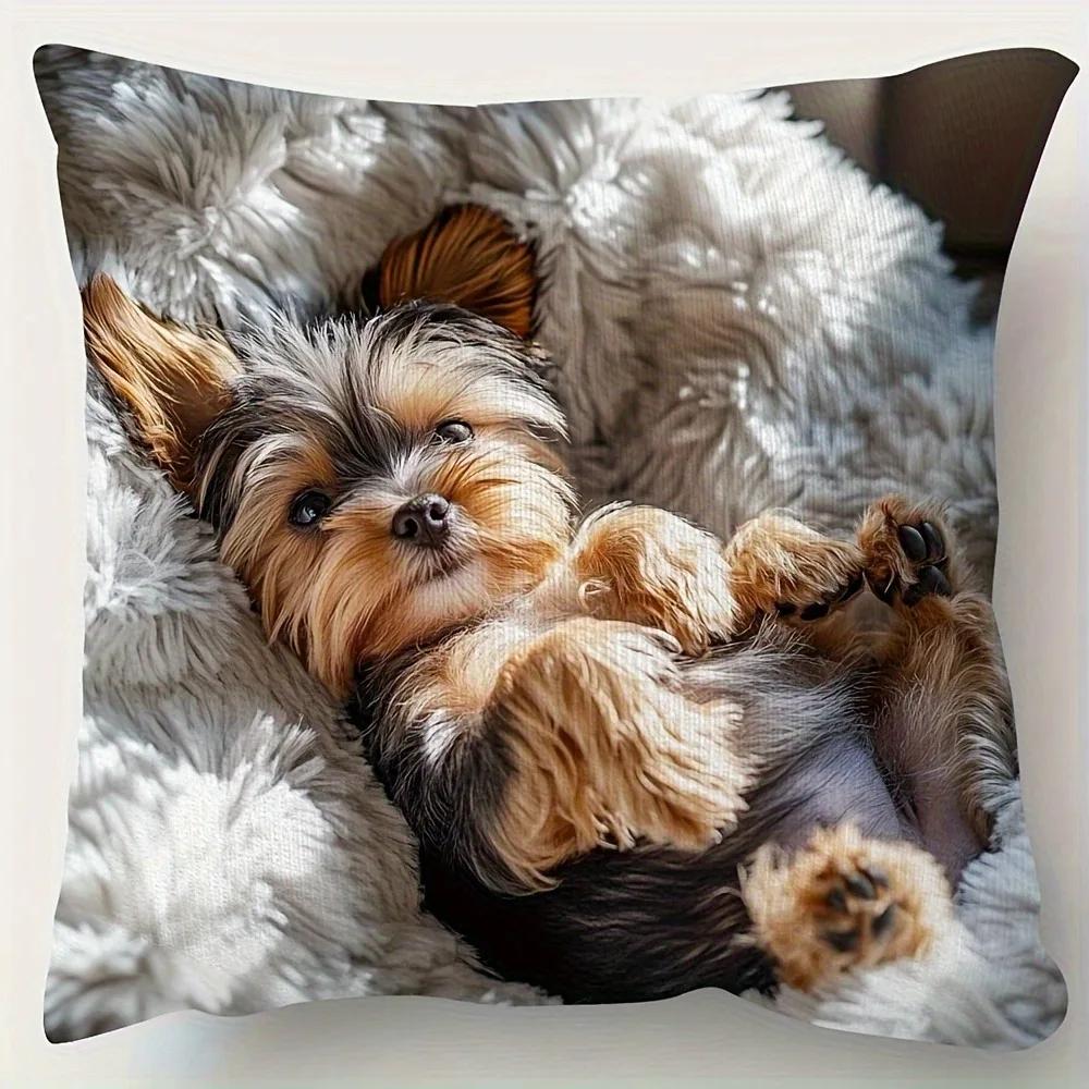 Cute Yorkie Puppy Printed Pillowcase for Comfy Decor Sofa Cushion Cover, Home Room Dormitory Decoration, 2D Printing