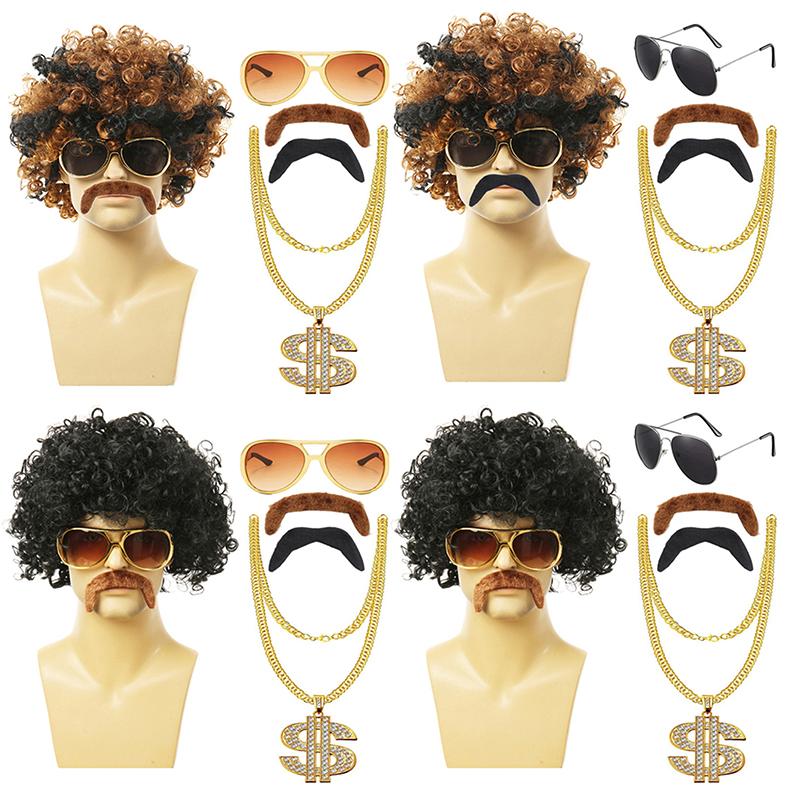 1 Set Men'S Black Short Curly Synthetic Cosplay Wig Gold Brown 70S 80S Disco Mustache Gold Chain Halloween Costume Party Wig