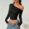 Europäisch-Amerikanisches Heißer Diamant Schrägschulter Langarm-T-Shirt für Damen Frühling Schlank Gestricktes Basic-Top