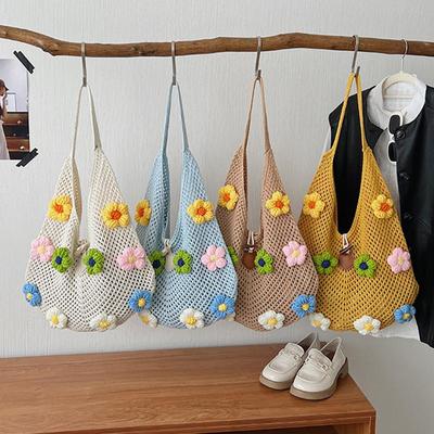 New Fashionable Floral Weave Shoulder Bag for Women Countryside Style Casual Ladies Large Capacity Travel Shopper Handbag KTB