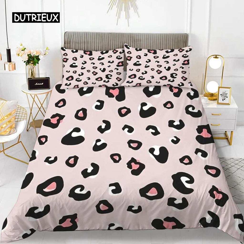 Zestaw poszewek na kołdrę w panterkę Różowy dziewczęcy szykowny komplet pościeli z nadrukiem geparda dla chłopca Nastolatek Poliester Motyw dzikiego zwierzęcia Pocieszyciel Zestaw trzyczęściowy