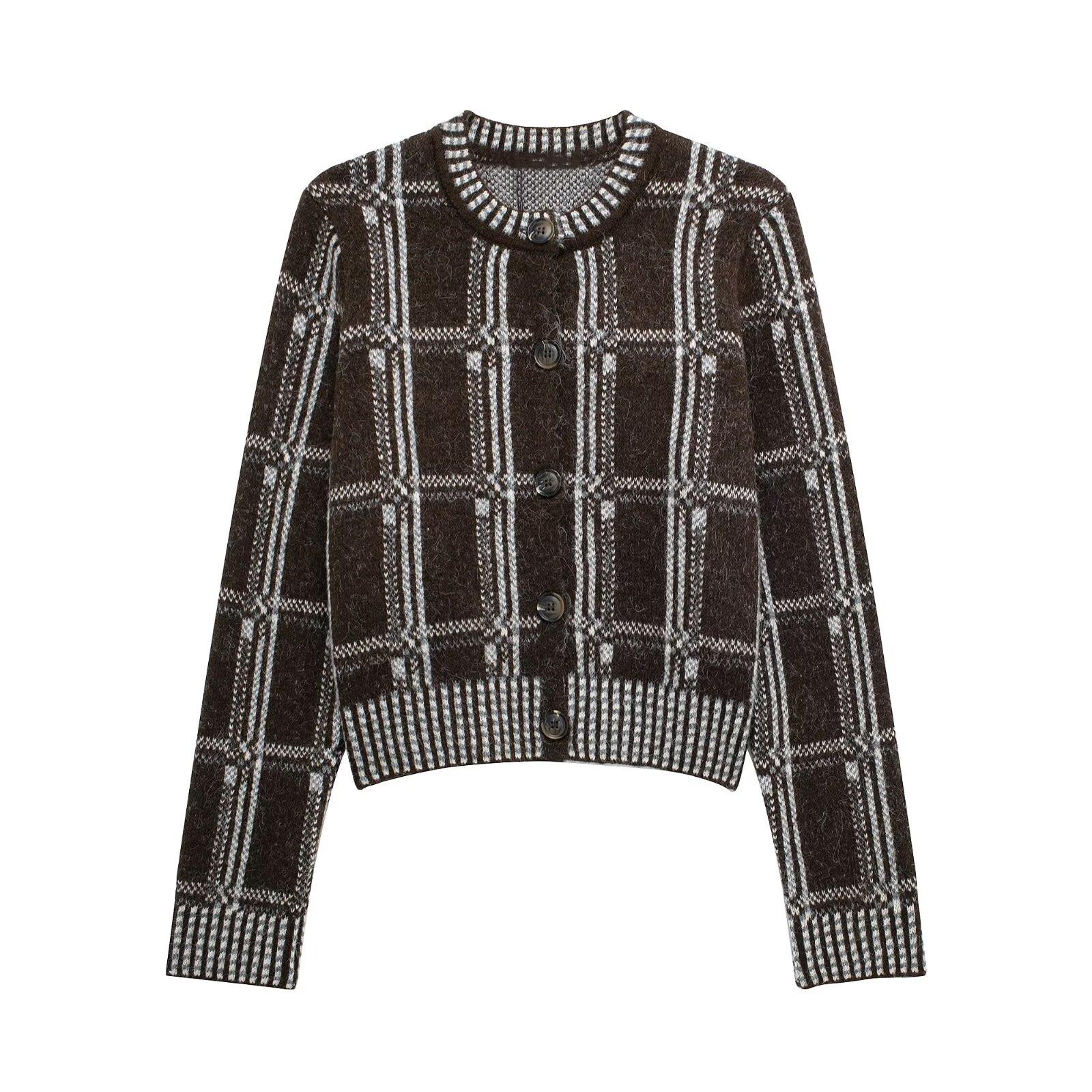 

Женский клетчатый вязаный кардиган на весну 2025 года: Тонкий, Универсальный, С круглым вырезом Large темно-коричневого