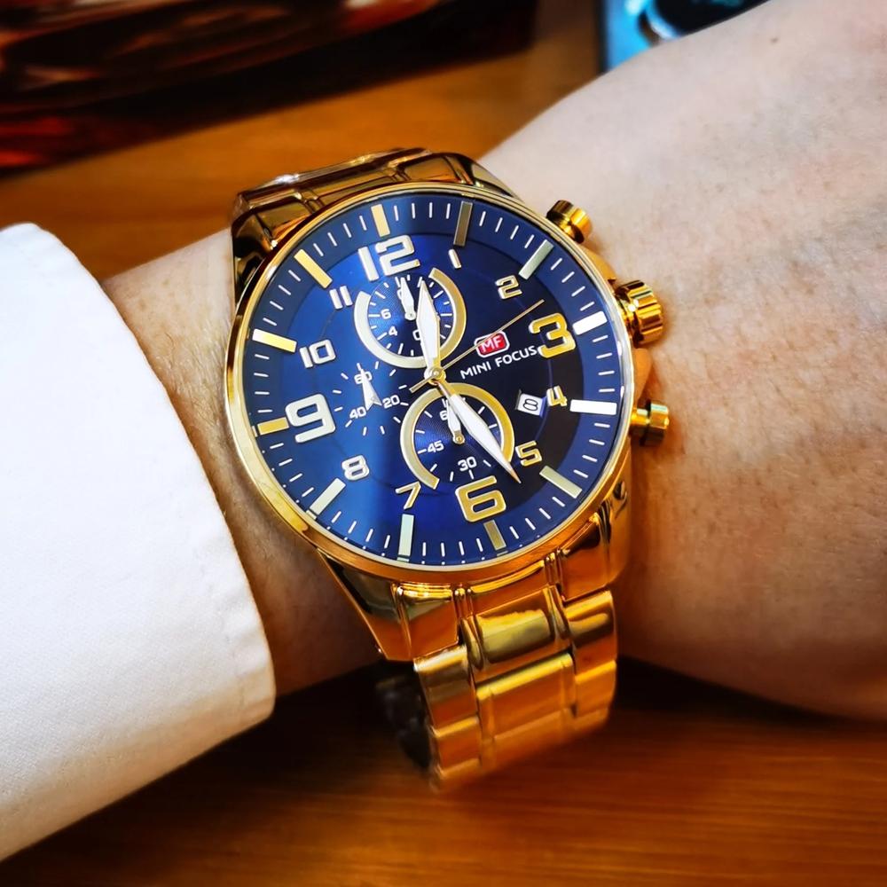 MINI FOCUS Men's Business Quartz Watches Stainless Business Chronograph Watch Gold Blue Relogios Masculino Clock