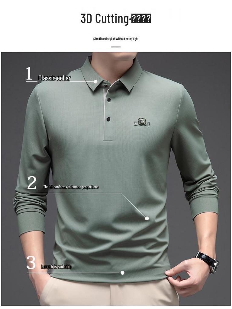 Woodpecker Men's Iron-Free Seamless Lapel Long Sleeve Polo Shirt - Versatile High-End Loose Fit