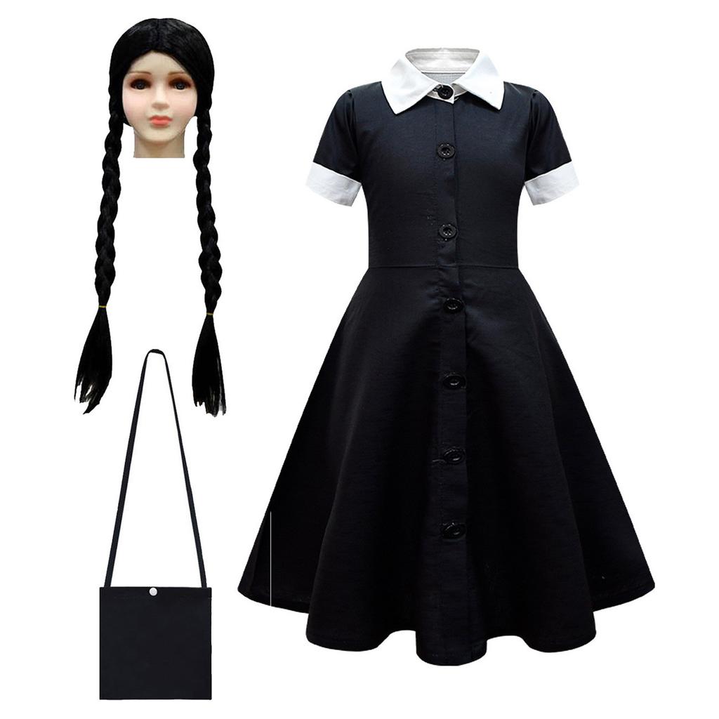 Girls' Lapel Button Up Cardigan Skirt Mid Length Dress Set
