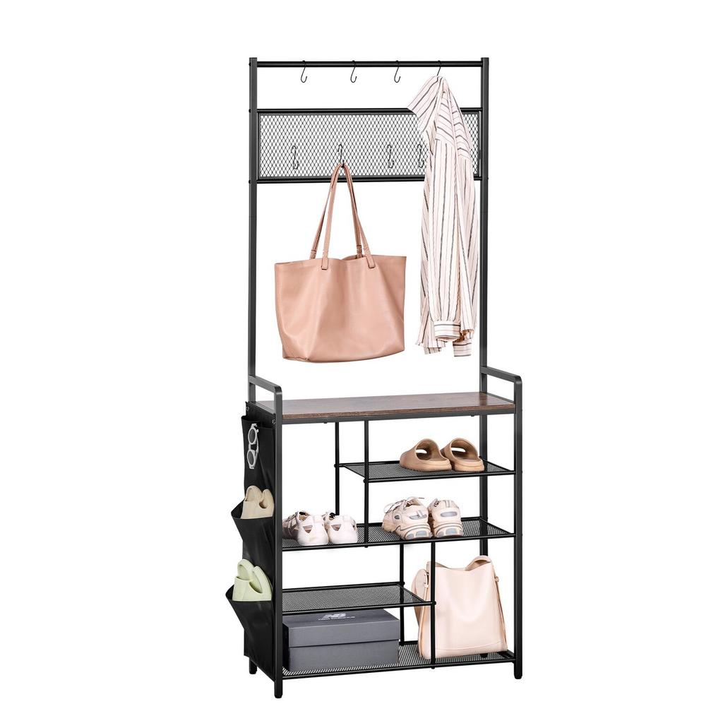 Hall Tree, 1800 mm Coat Rack with Shoe Storage, Freestanding 4-Tier Shoe Rack Organizer with Hooks, Side Pocket and Wire Shelf, Steel Frame Entrance