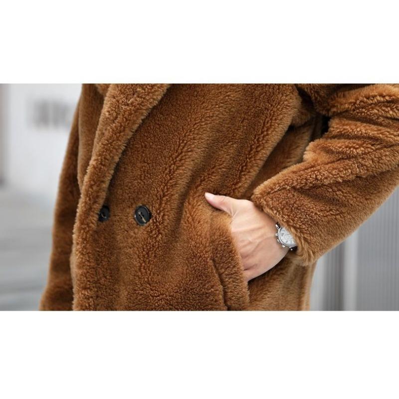 Men's Mid-Length Camel Teddy Faux Fur Coat Lapel Button-Up Warm Winter Overcoat