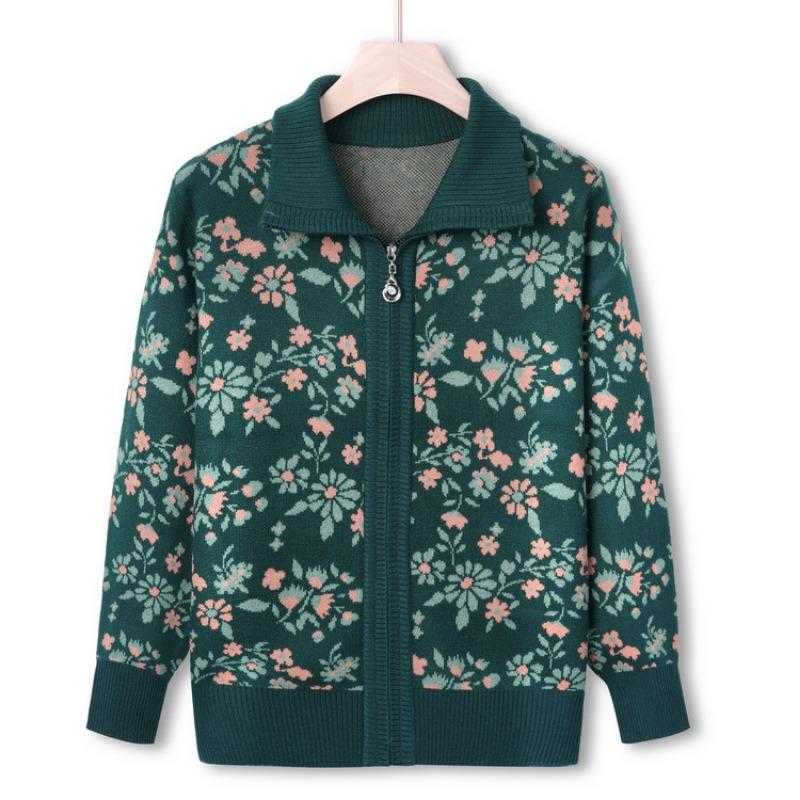 

Пожилая одежда для осени среднего возраста, женская, бабушкина повседневная куртка, вязаный свитер, одежда для мамы, осенний вязаный свитер, кардиган, топ большого размера M (recommended within 45kg) зелёный