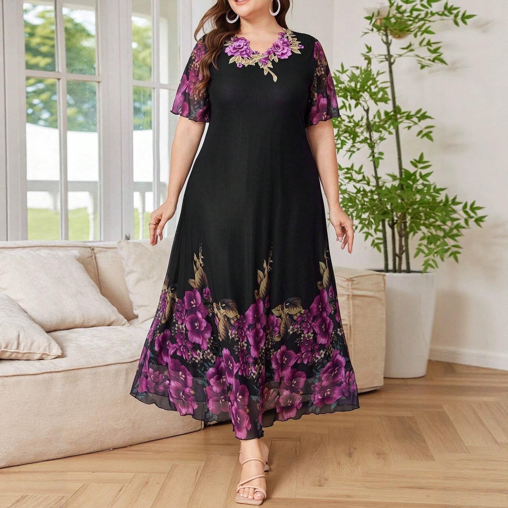 Elegant Plus Size Islamic Mesh Print V-neck Short Sleeve A-line Dress XXL чёрный