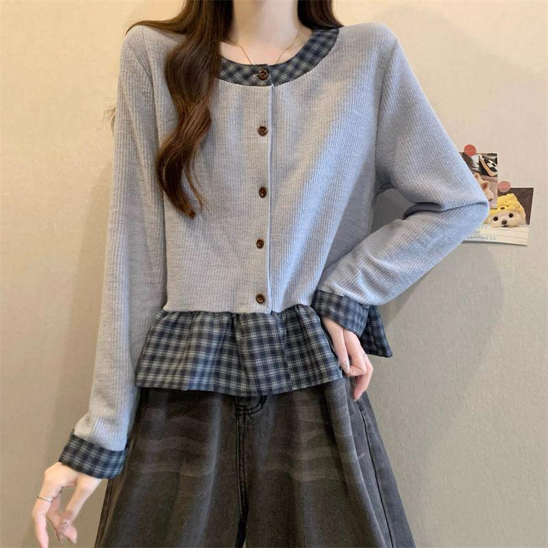 

2025 Autumn/Winter Plaid Patchwork Ruffle Long Sleeve Cropped Top for Women Medium (M)