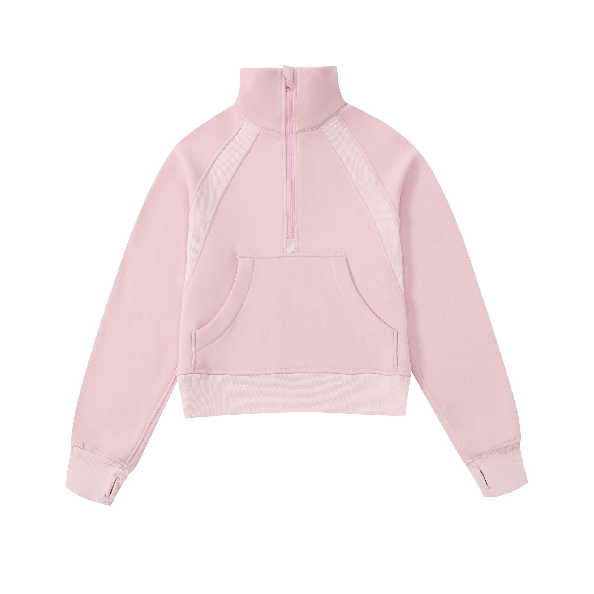 Женская короткая спортивная толстовка с воротником-трубой свободный крой с застежкой-молнией до середины бедра с бархатом M розовый 3850₽