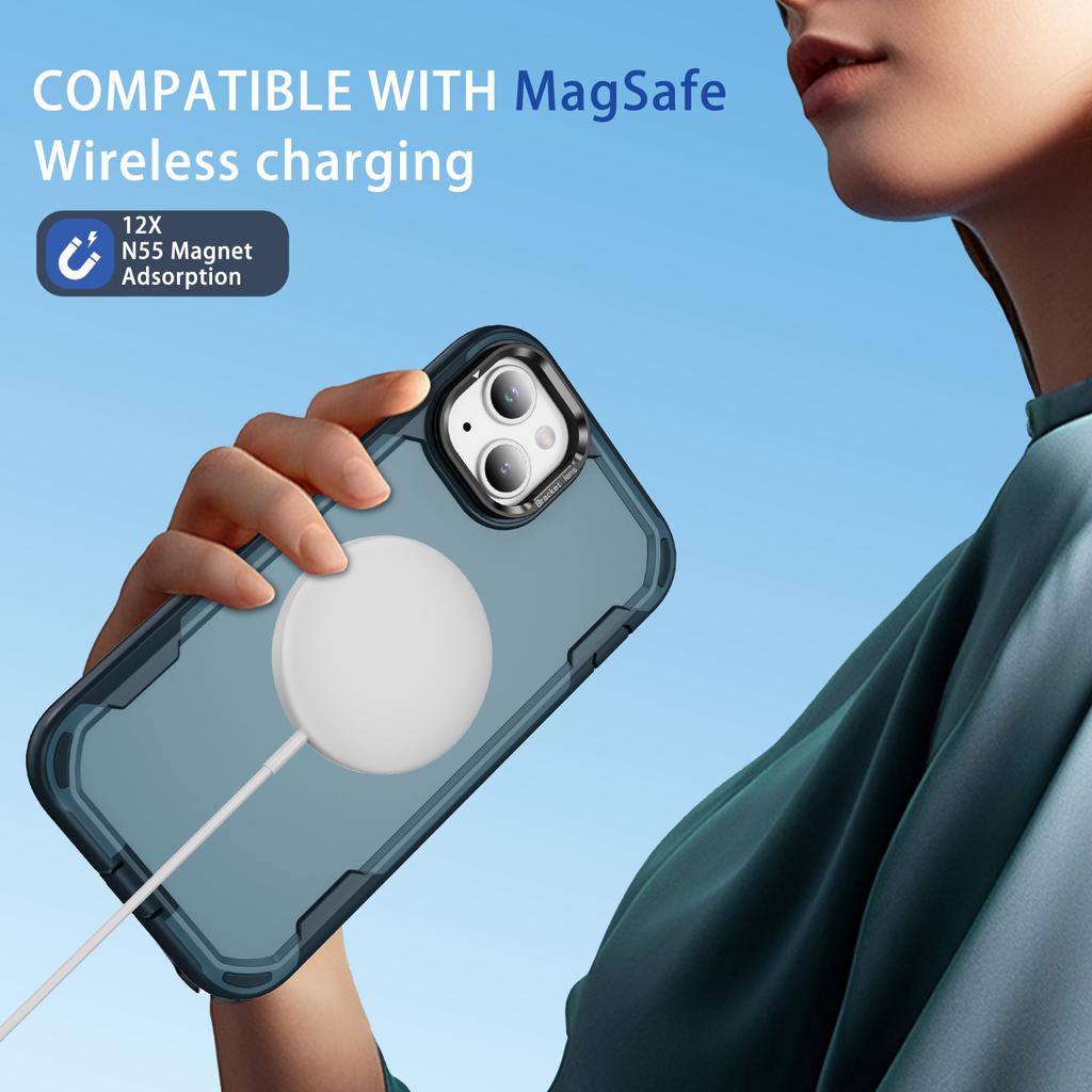For iPhone 14/13 Case Compatible with MagSafe Lens Frame Kickstand TPU+PC Shockproof Phone Cover