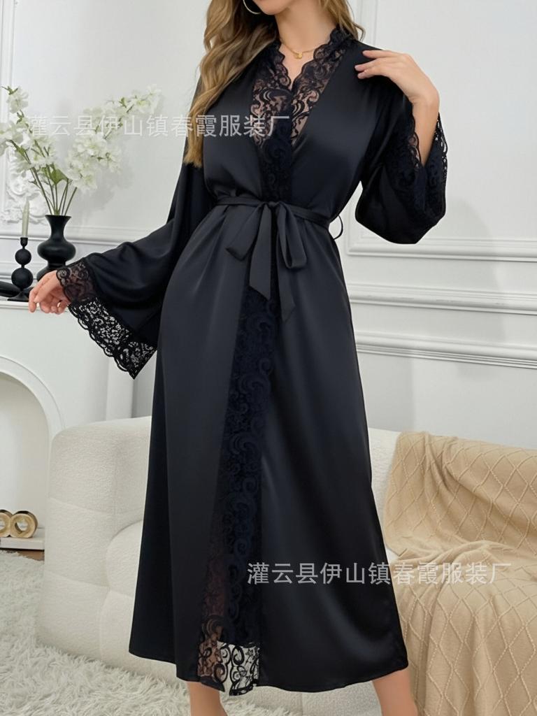 Neuer einfarbiger Spitzen-Nachthemd-Bademantel-Pyjama für Damen