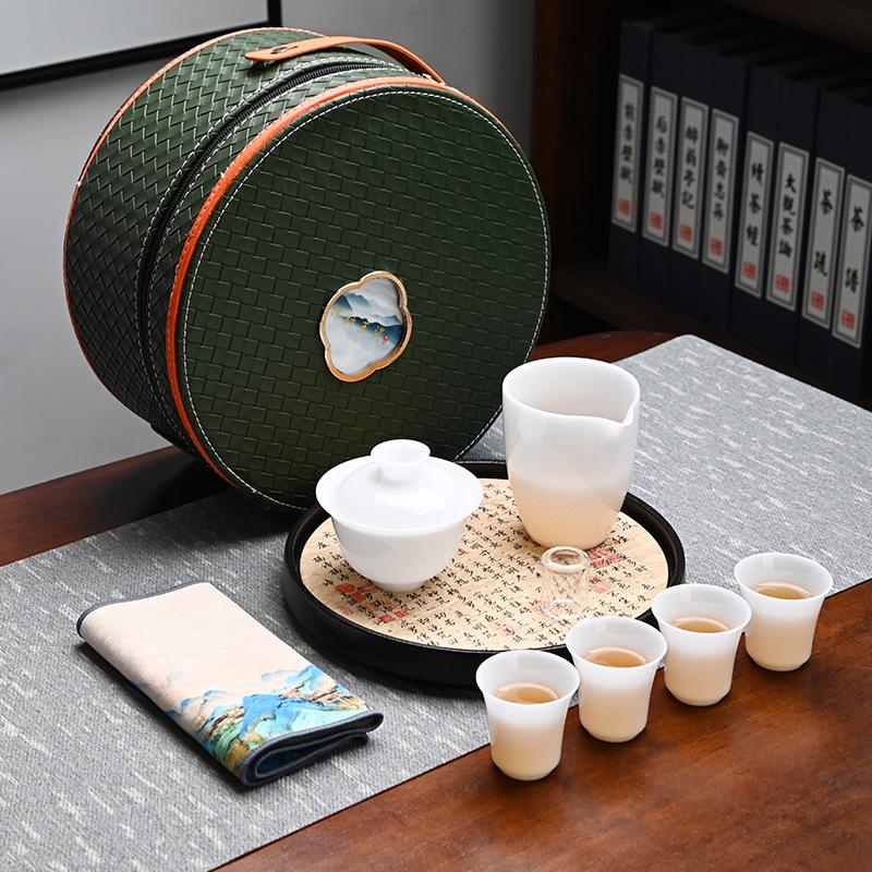Ice Suet Jade Porcelain Travel Tea Set Outdoor Portable Ceramic Cover Bowl Tea Cup Complete Set Business Souvenir