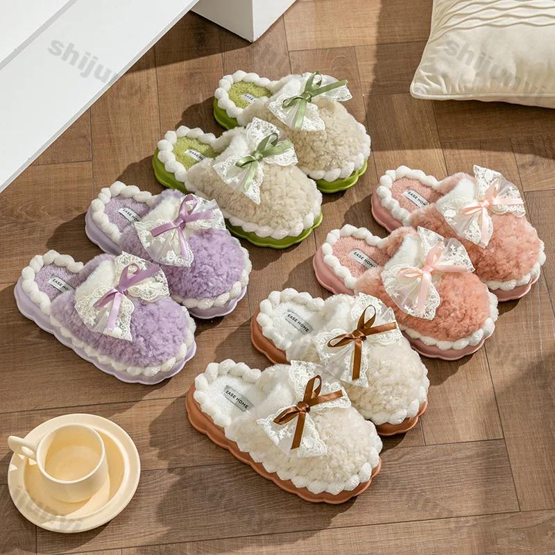 Women Fashion Winter Toe Wrap Warm Bows Cotton Slippers Thick Soft Sole Slides Female Indoor Thick Soles Non-slip Plush Shoes