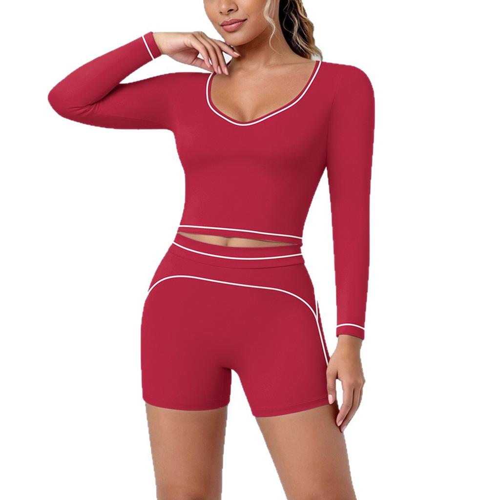 New Contrasting Colors, High Elastic, Low Neck, Long-sleeved Shorts, Yoga Suit Set, Sports Running, Fitness Yoga Two-piece Set