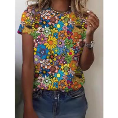 Sommer 3D-gedrucktes Kurzarm-Freizeit-Blumen-Damen-Modisches Lockeres T-Shirt