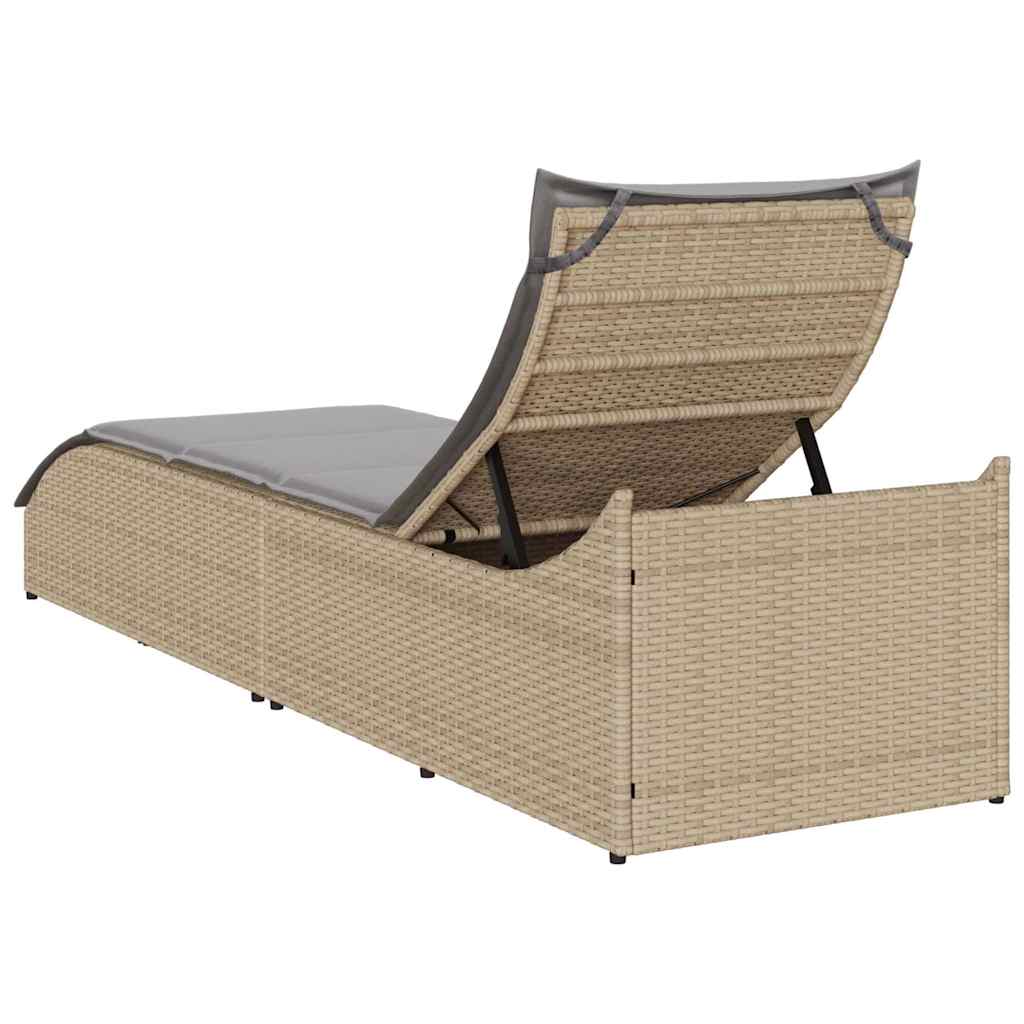 Folding Sun Lounger with Cushion and Storage Space Beige Poly Rattan