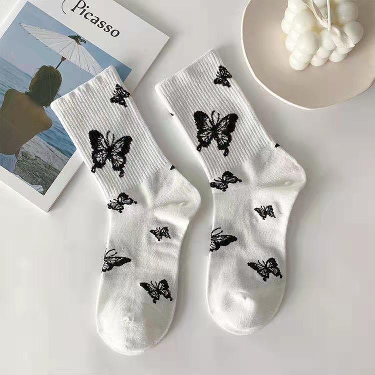 Butterfly Women's Spring Mid-Calf Black & White Scrunched Socks - Trendy Street Sport Style