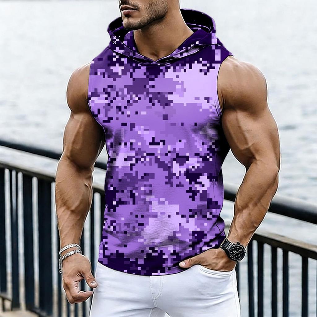 Men's Casual Fashion Printed Sleeveless Hooded Tops | Lightweight Summer Hooded Tank Tops