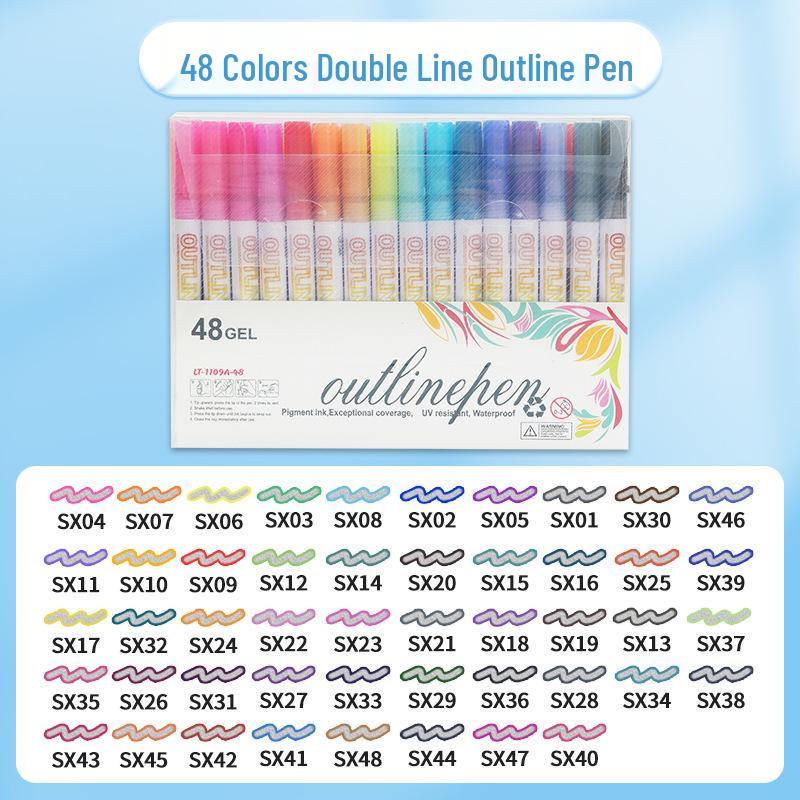 48-Color Fluorescent Dual-Line Metallic Outline Pen Set