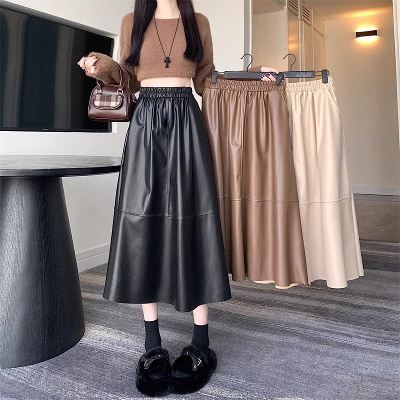 

2024 Autumn/Winter Women s Black PU Leather High-Waist A-Line Midi Skirt M чёрный