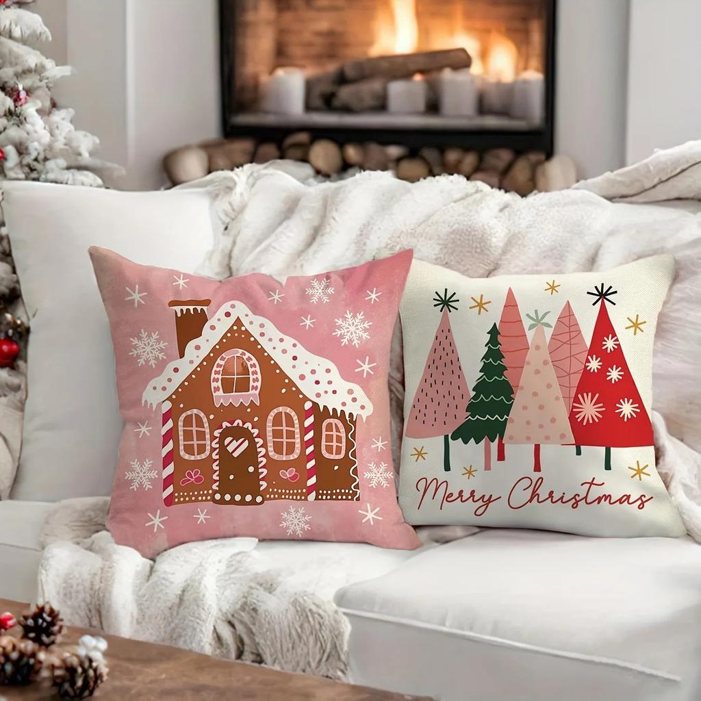 Charming Pink Christmas Pillowcase: Gingerbread House, Trees, Socks And Comfortable Cup Design, Sofa Room Cushion Cover, Home De