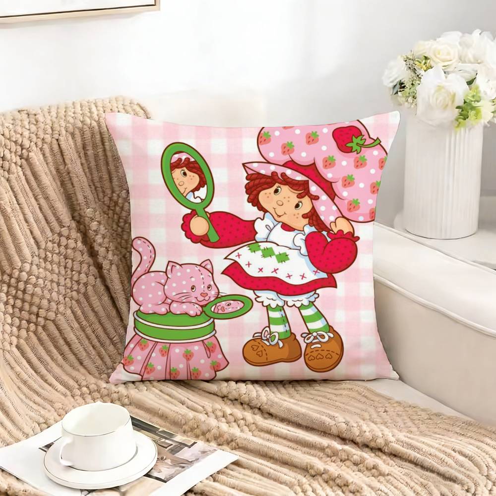 Cute S-Strawberry S-Shortcake-Girl Square Double-Sided Printed Pillow Case Bedroom Bedside Pillow Sofa Cushion Cover