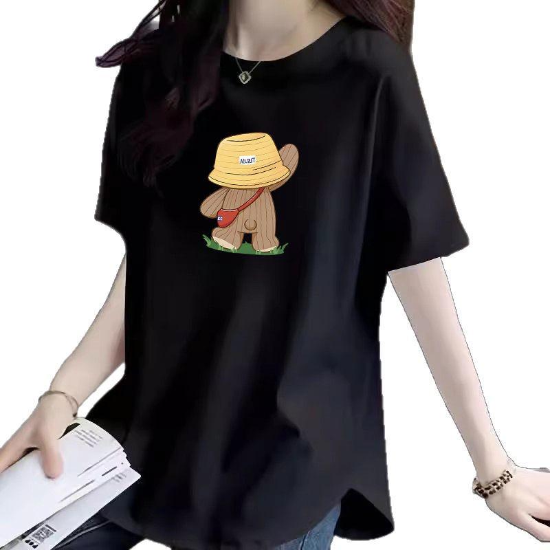 Curved Mid-Length Women's Cotton T-Shirt - Summer Cartoon Print Sleeve