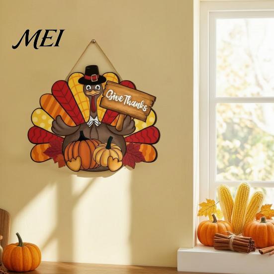 Weather-resistant Thanksgiving Sign Wooden Sign, Turkey and Pumpkin Welcome Wall Hanging Decor with "Give Thanks" Waterproof Holiday , Rustic