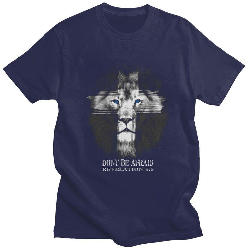 Custom Mens Cool Lion Of Judah Jesus Cross T Shirts Short Sleeves Cotton Tshirt Casual Christian Faith Tees Loose Fit Clothing