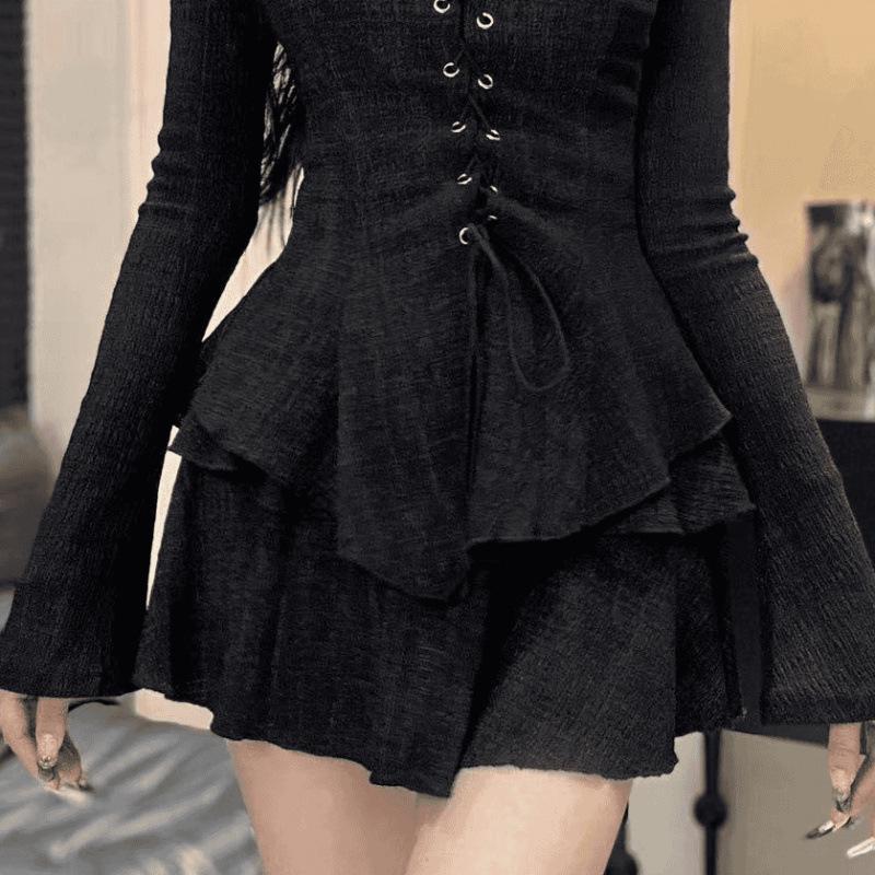 

Комплект из топа с длинными рукавами и V-образным вырезом в стиле французского ретро и облегающей юбки-торта S (80-95 lbs)