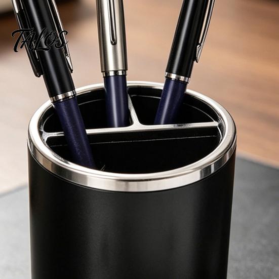 Pen Holder, Cylindrical Design Pencil Holder with Silver Edge Decoration, 3-Compartment Desktop Organizer for Pens Paper Clips Makeup Brushes