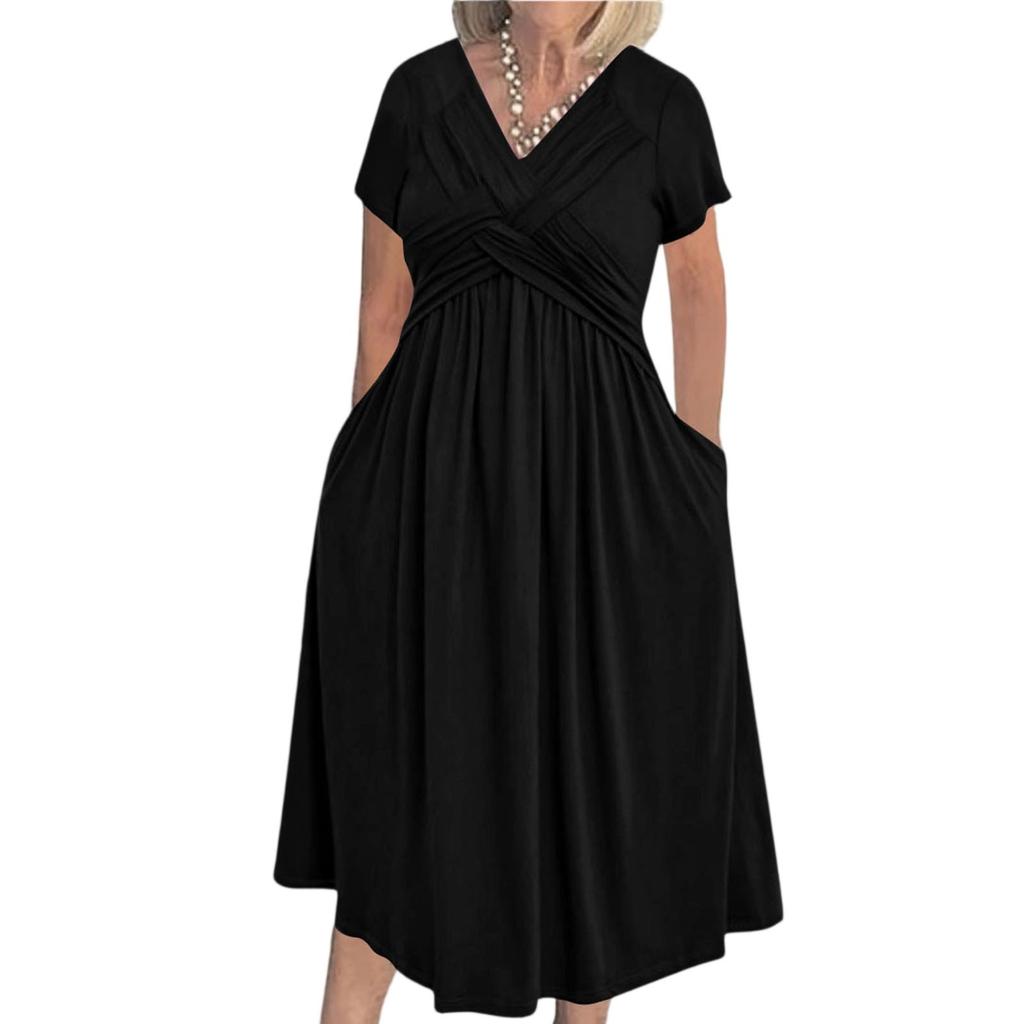 Women's Short Sleeve Dress Casual Plus Size V Neck Dress Flowy Beach Sundress With Pockets